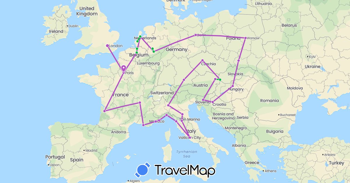 TravelMap itinerary: driving, bus, train in Belgium, Czech Republic, Germany, France, United Kingdom, Croatia, Italy, Netherlands, Poland, Slovenia, Slovakia (Europe)
